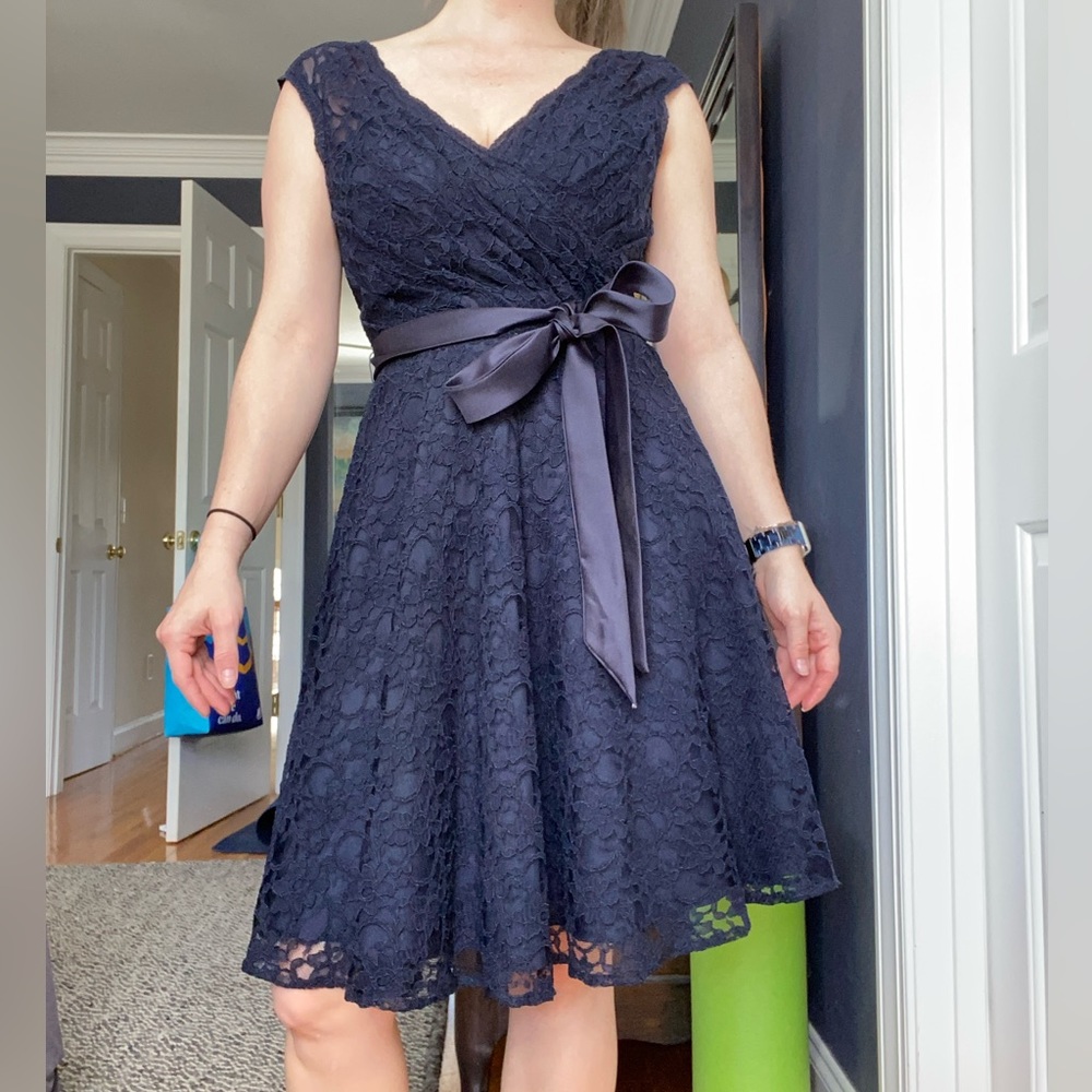 Navy Mori Lee Tea Length Bridesmaid dress